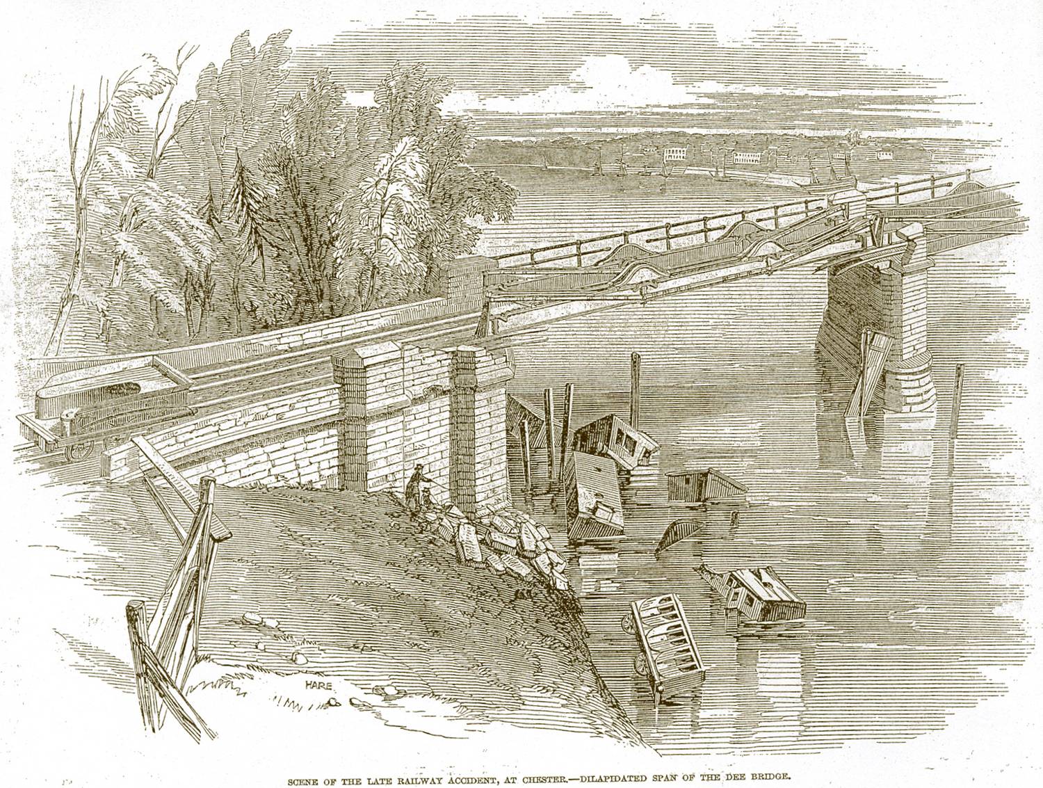 Engraving of Dee River Bridge disaster, 1847.